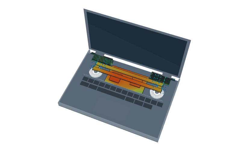 Laptop keyboard cutaway showing simulated processor temperatures, underside fan intakes, and rear cooling fins