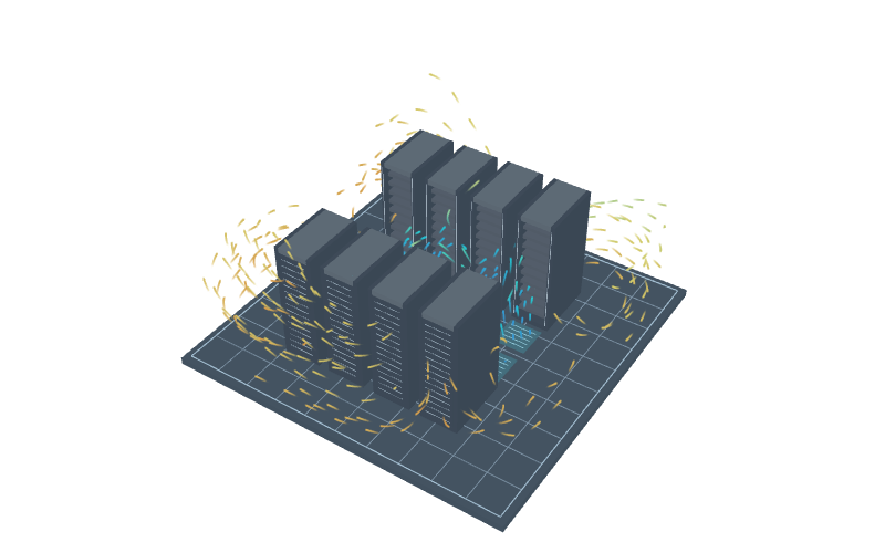 Simulated cool supply and warm recirculating airflow around two rows of data centre racks