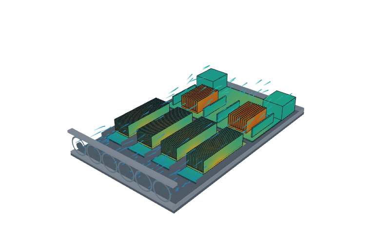 Simulated temperatures and airflow through a four-GPU server with finned heatsinks