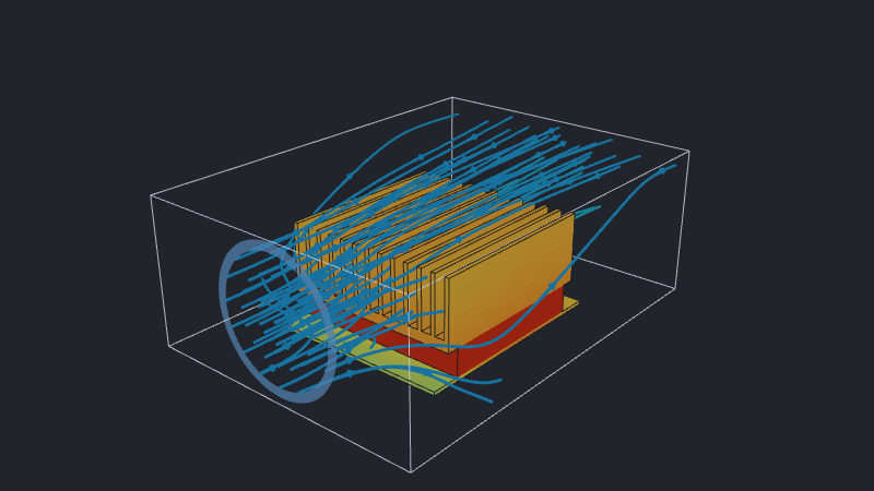 Temperature-coloured Jetson assembly with arrowed streamlines flowing from an annular fan through the heatsink.