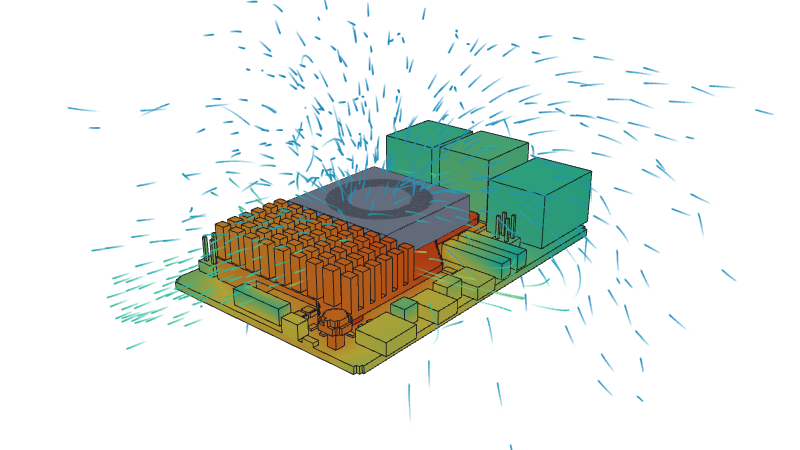 Simulated airflow and temperatures around a Raspberry Pi 5 Active Cooler