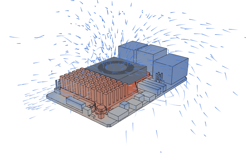 Raspberry Pi 5 Active Cooler simulation showing component temperatures and airflow through the heatsink fins