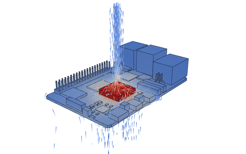 Bare Raspberry Pi 5 simulation showing hot components and rising airflow