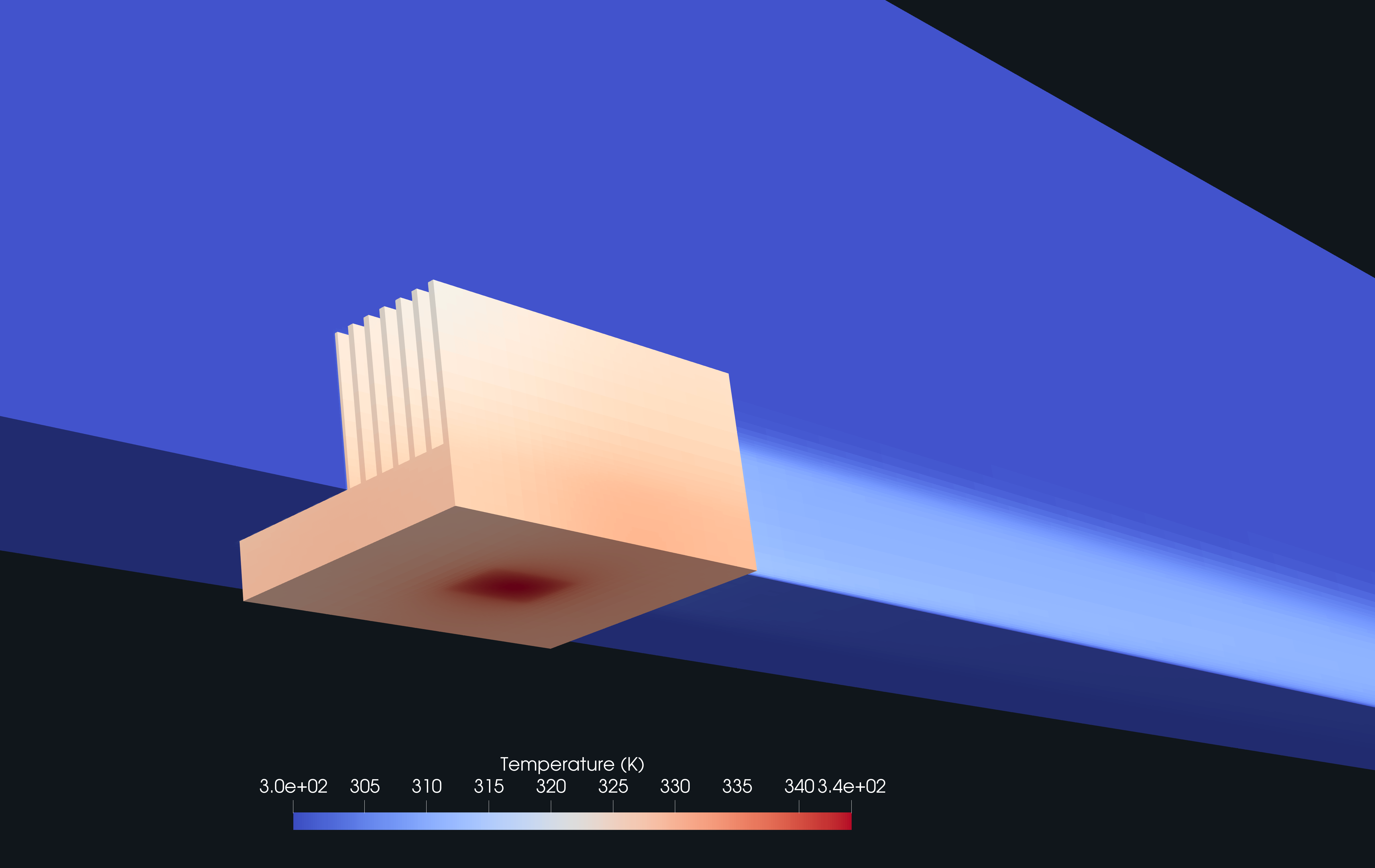 Simulated temperature field through a plate-fin heat sink